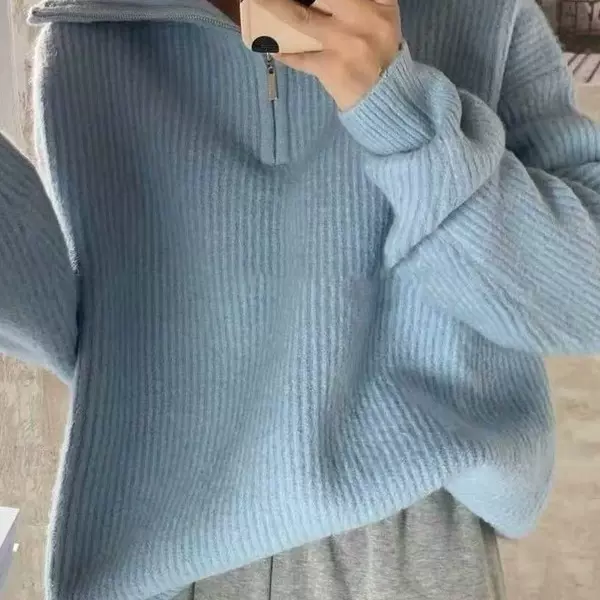 大翻领纯色毛衣新款秋冬加厚韩版慵懒风拉链女宽松套头针织衫外套