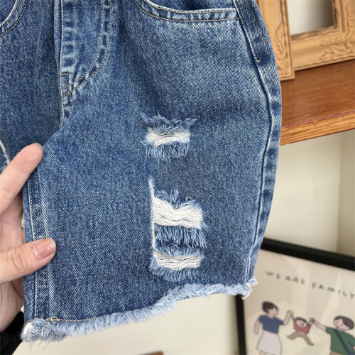 Beggar Wind Summer Children's American Style Denim Frayed Mid-Crotch Jeans for Boys and Girls, Retro Matchable Denim Short Pants
