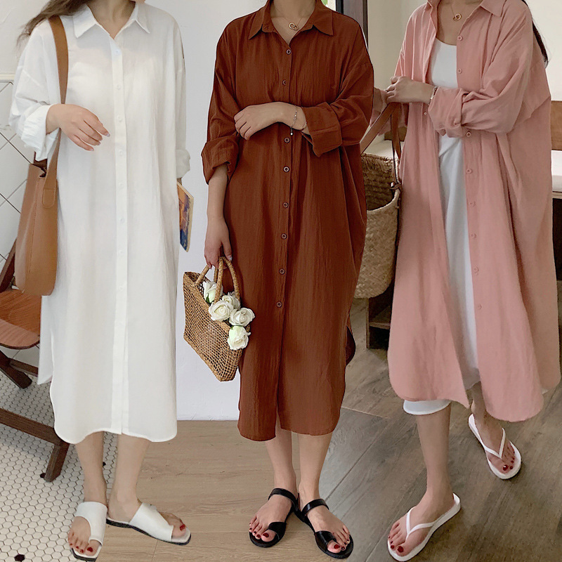 2022 Korean chic Lazy Style Simple Basic Comfortable Long Knee-over-the-knee Shirt Coat Jacket Shirt