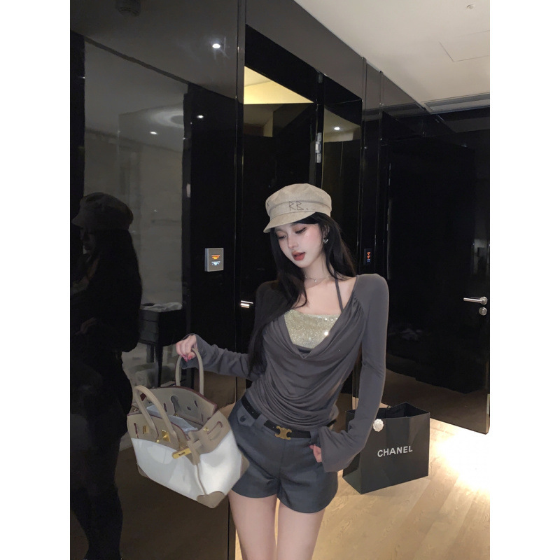 纯欲辣妹亮片挂脖假两件叠穿荡领喇叭袖修身显瘦打底衫T恤女上衣|undefined