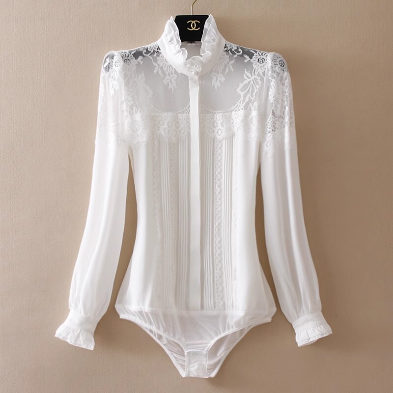 Brand Long-Sleeve One-Piece Shirt with a Crotchless Design, Elegant Socialite Vibe, Lace Lantern Sleeves, High-End Feel, White Shirt Brand Long-Sleeve One-Piece Shirt with a Crotchless Design, Elegant Socialite Vibe, Lace Lantern Sleeves, High-End Feel, White Shirt
