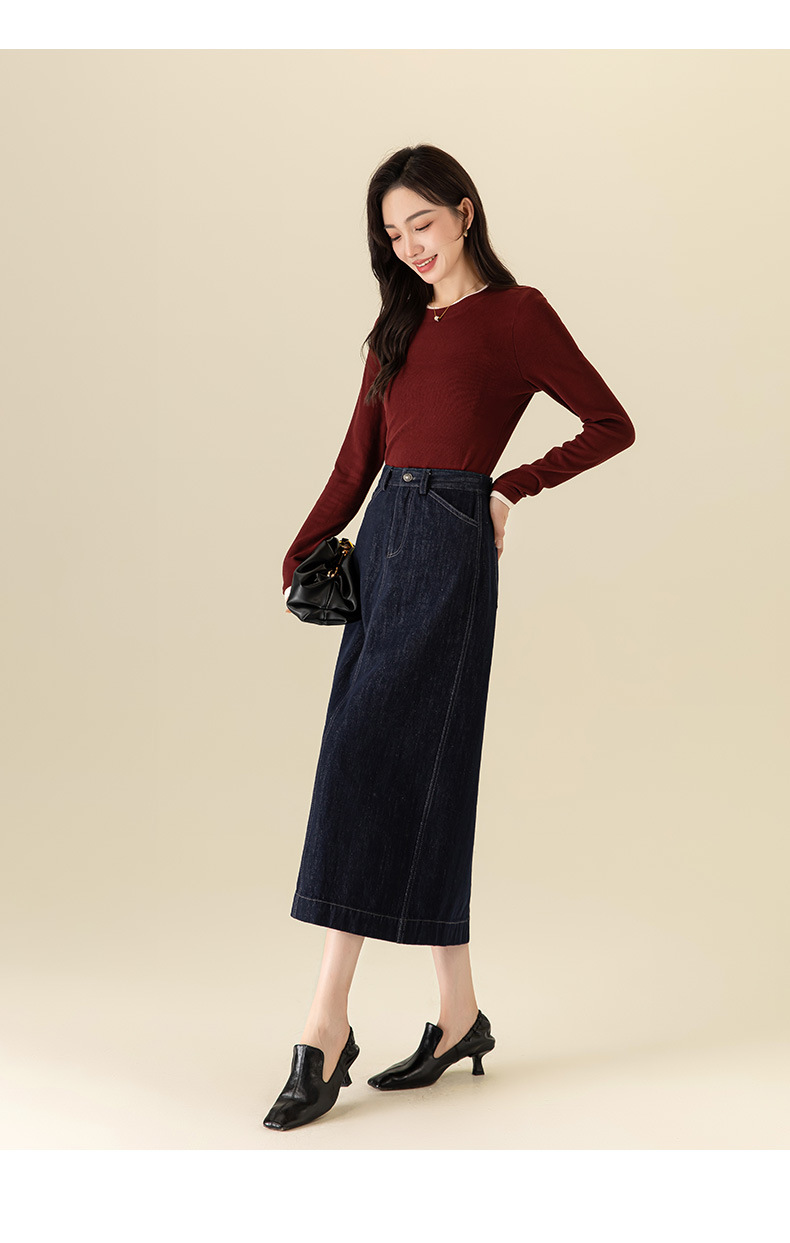 Chân váy jean nữ dài cạp cao co giãn dáng chữ A — Màu xanh denim chi tiết 30