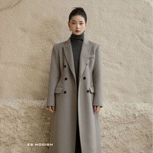 ES MODISH 冬季新品韓版高端西裝領雙面呢大衣長款雙排扣羊毛外套