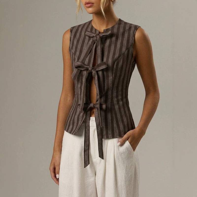 Amazon's Best-Selling Striped Tie-Up Vest with Front Closure, Bow Tie, Waist-Cinching, Slimming Effect, Linen Vest Wholesale