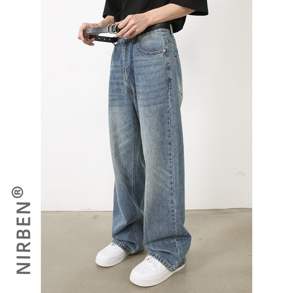 Quần jeans nam ống đứng dáng suông rộng, denim xử lý giặt retro phong cách Mỹ, quần dài mặc hằng ngày — Màu xanh lam
