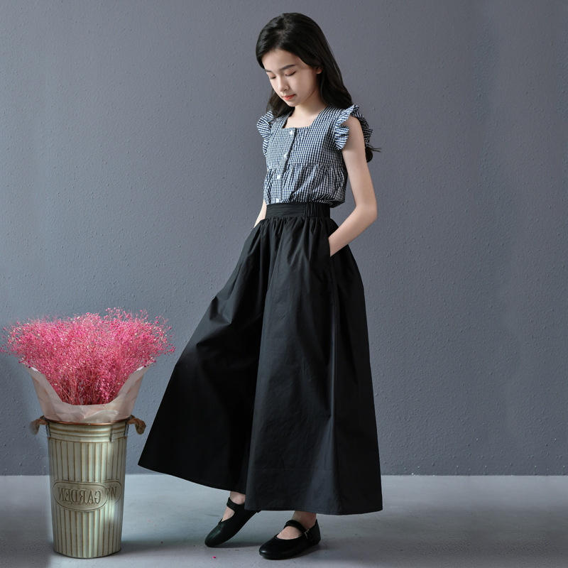 Niñas verano nuevo estilo a cuadros sueltos diseño literario manga voladora camisa blusa pantalones anchos pantalones cortos traje de dos piezas