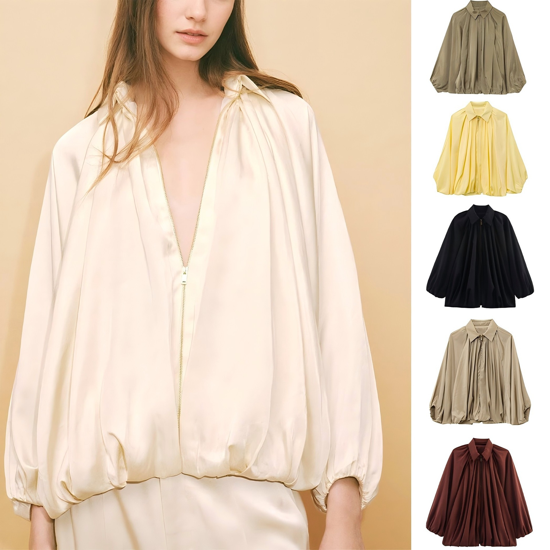 2025新款欧美亚马逊跨境时尚缎面宽松蝙蝠袖蓬蓬飞行员夹克外套