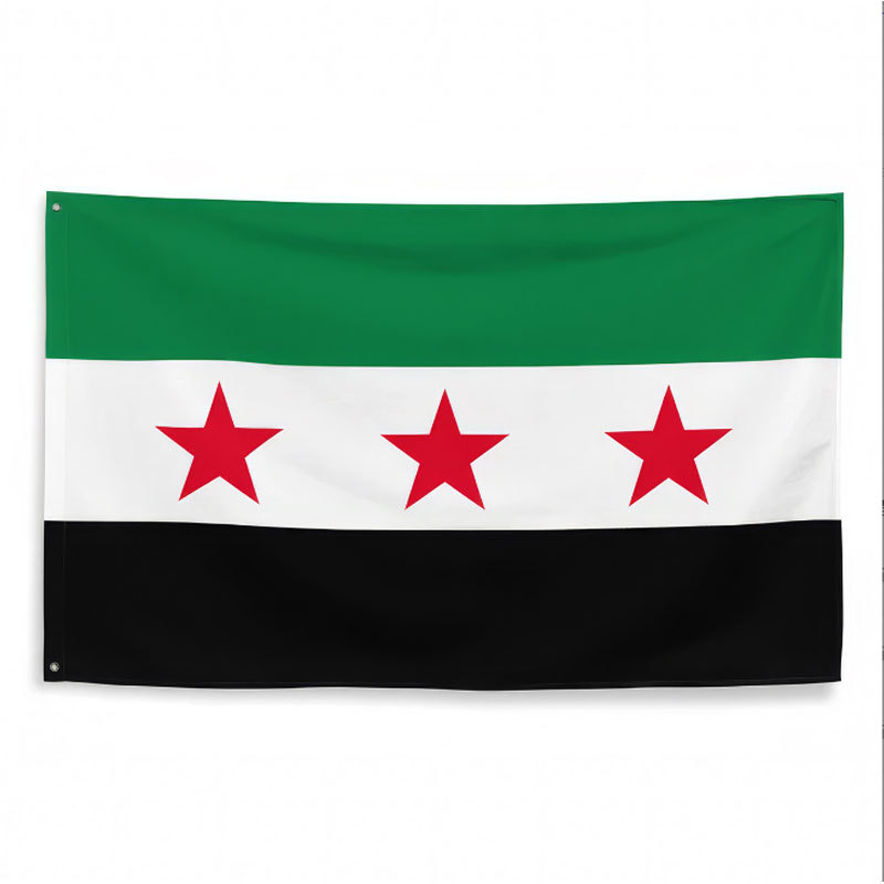 Syryjska flaga narodowa 90x150 mm z plastikowym masztem, tkanina poliestrowa na parady, imprezy plenerowe i wybory, dostępne w różnych rozmiarach_voghion.com