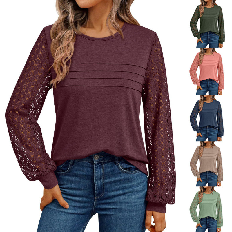 2025欧美跨境亚马逊秋季新款休闲套头宽松拼接镂空长袖T恤上衣