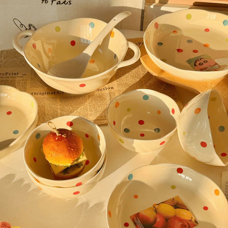 Dopamine Wave Dot Cream Ceramic Tableware suit High Color Value Ceramic Bowl Large Soup Bowl Snail Lion Powder Bowl Underglaze Color