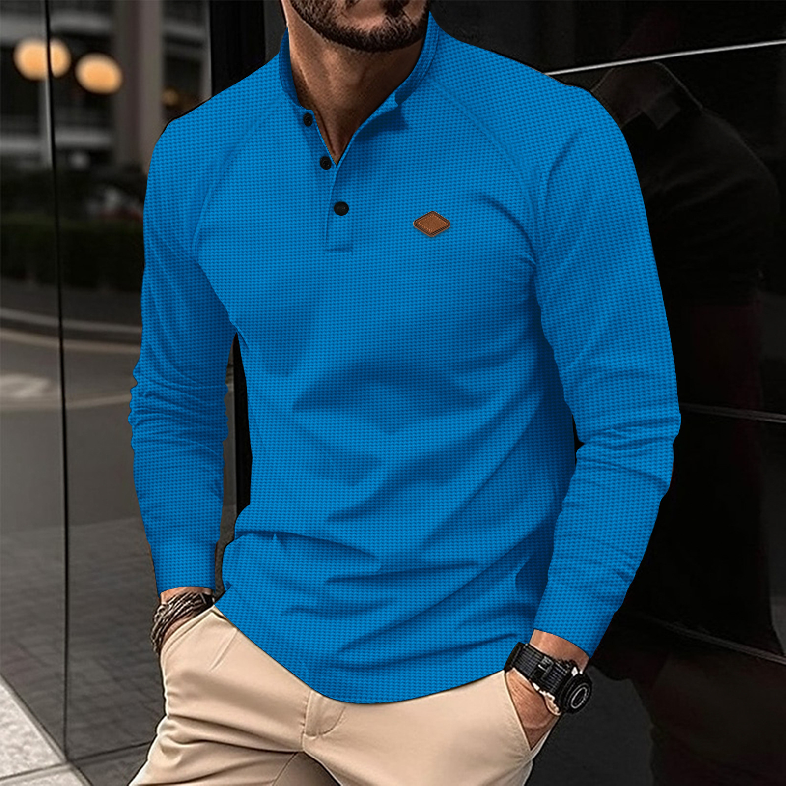 2024 Waffel Herbst/Winter Neue männer Hemd Mit Einfarbig Polo Kragen Langarm Sport_voghion.com
