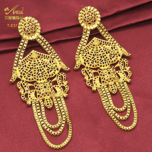 Enid Middle East Bridal Gold-Plated Long Earrings, Wedding Jewelry Pendant Earrings Wholesale, Dubai 24K Copper Ear Accessories