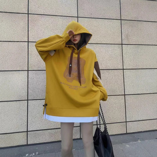 plus size fleece-lined Thickened Mid-length Loose Heavy Embroidery Overlay Large Letter A Stitching Contrast Color Hooded Sweat for Women
