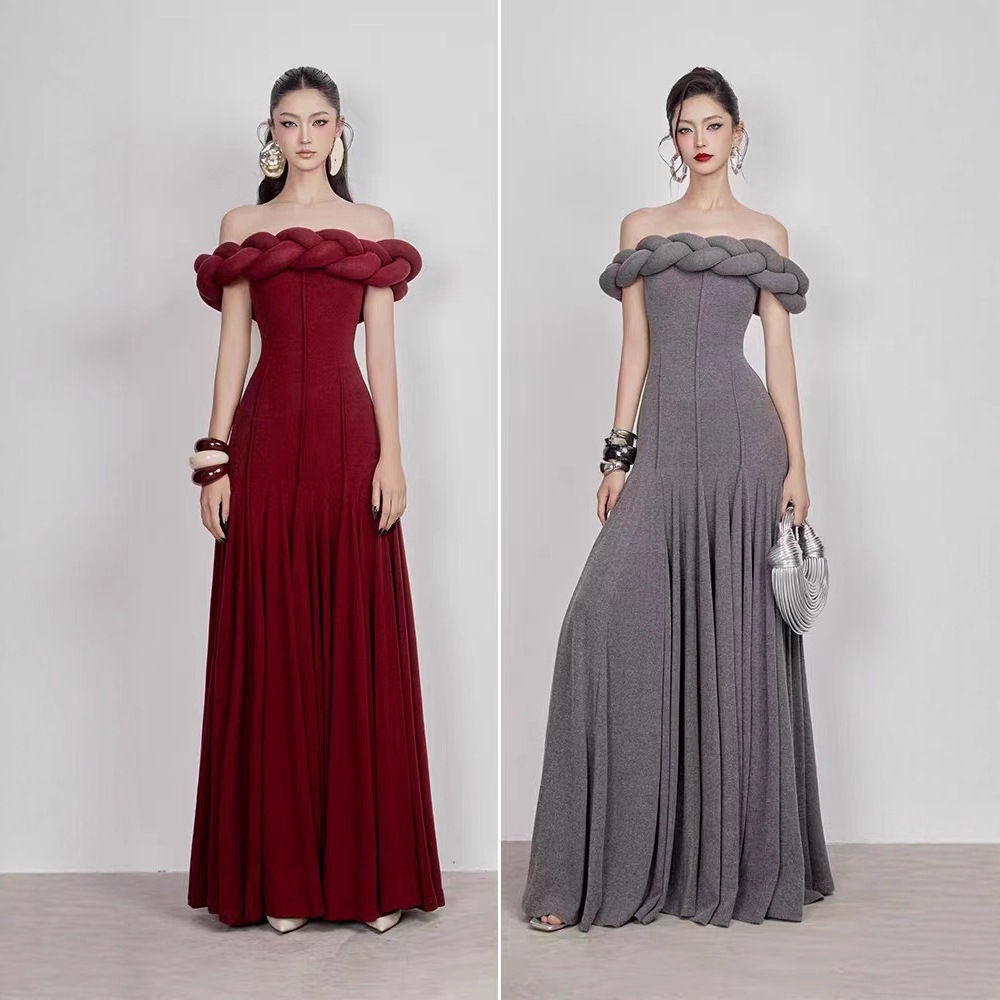 In-Stock Vietnamese Niche Design Twist One-Shoulder Long Dress Elegant Slim Fit Flared Dress 50218