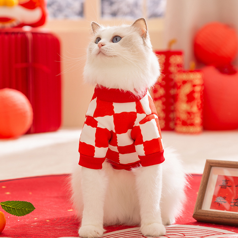Fiestas rojas lindas impresión de Año Nuevo tracción suéter gato en casa festivo engrosado mascota ropa de gato al por mayor image 2