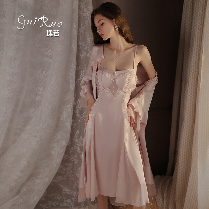 Guiruo Brand Intimates, Passionate Backless Accessible Luxury Temptation Plus Breast Pad Suspender Nightgown Outer Robe Home Set Z4554