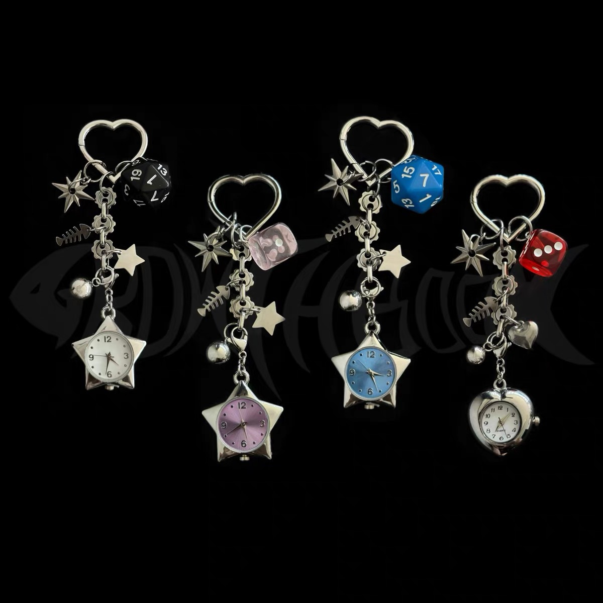 Original Niche Design Heart-Shaped Watch Keychain Retro Gemstone Bag Pendant Bow Couple Pendant