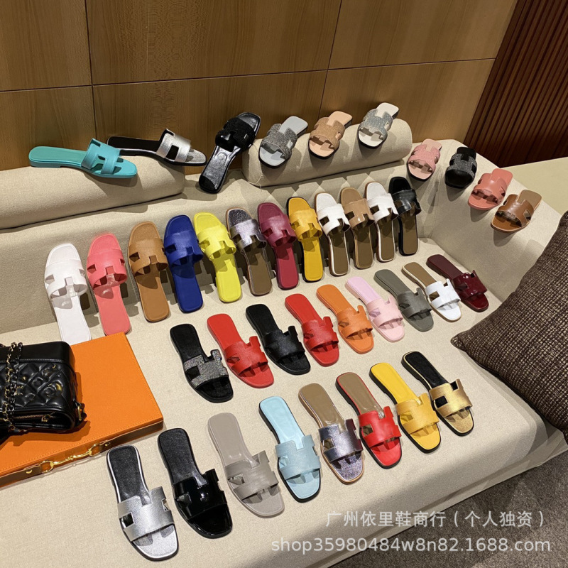 跨境h拖百搭拖鞋H家经典款一字型平底羊皮纹掌纹漆皮女式凉鞋休闲|undefined