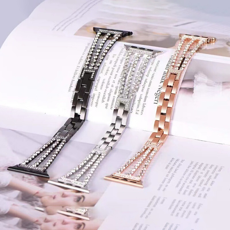 Suitable for Apple iWatch 12 smartwatches, featuring a metal three-link bracelet with cubic zirconia stones, designed for women; also compatible with Huawei GT series watch bands