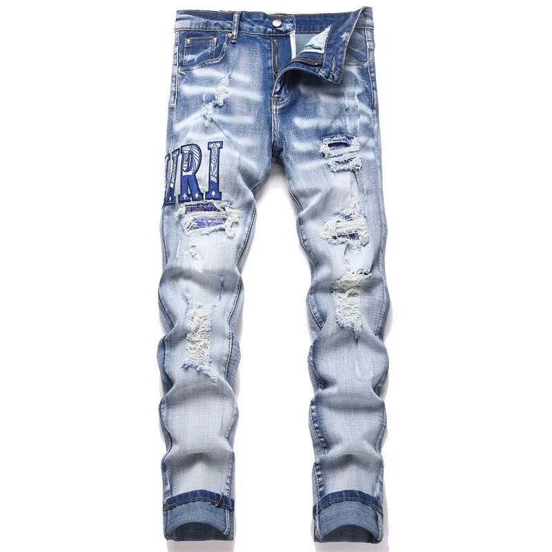 In-Stock Amy High Street Style Blue Slim Fit Stretch Ripped Patch Embroidered Youth Men's Street Fashion Skinny Jeans In-Stock Amy High Street Style Blue Slim Fit Stretch Ripped Patch Embroidered Youth Men's Street Fashion Skinny Jeans