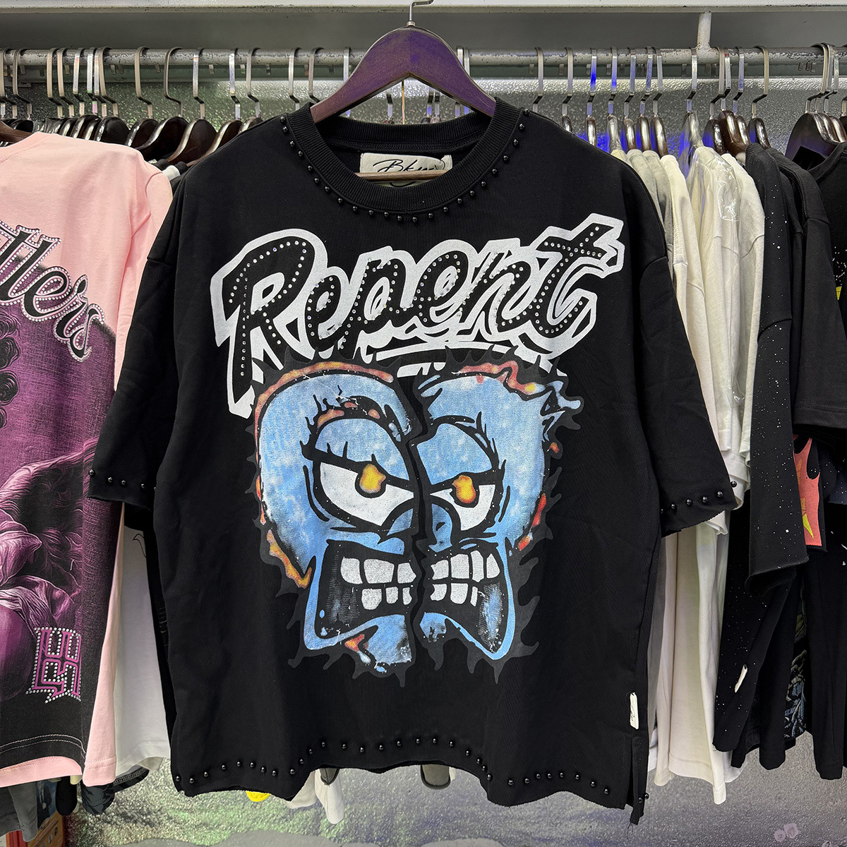 Transfronterizo nueva venta en caliente BKS camiseta de manga corta extraña esqueleto retro lavado de agua caliente perforación en caliente para hombres y mujeres de moda en stock lotes