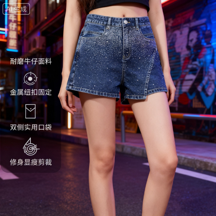 韩系复古高街秋季2025新款烫钻牛仔短裤女高腰显瘦阔腿裤薄款批发