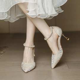 尖头中空仙女高跟凉鞋女2024年春季新款包头细跟婚鞋珍珠绑带单鞋