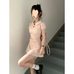 少女气质撞色短袖显瘦条纹学夏季新款收腰连衣裙森系韩版风拼接