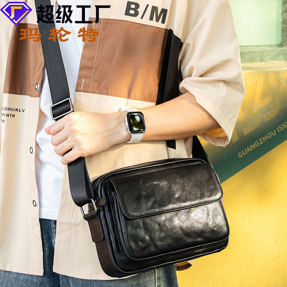 Túi đeo chéo nam da bò thật vân sần phối khóa kéo, kiểu dáng đứng ôm vừa iPad 10 inch — Mùa thu tự nhiên màu đen (kéo đơn), Da thuộc thực vật màu đen (kéo đơn)