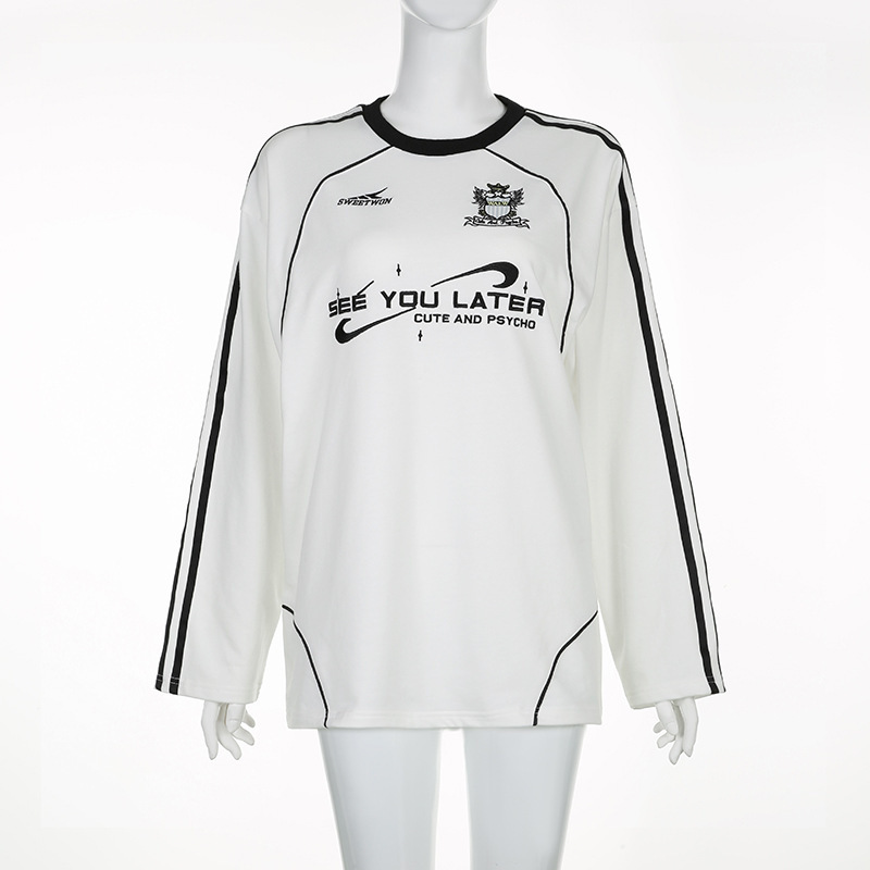 Felpa casual in stile americano con scollo rotondo e stampa di lettere, a blocchi di colore, vestibilità ampia, da donna, semplice da indossare durante il tragitto casa-lavoro_voghion.com