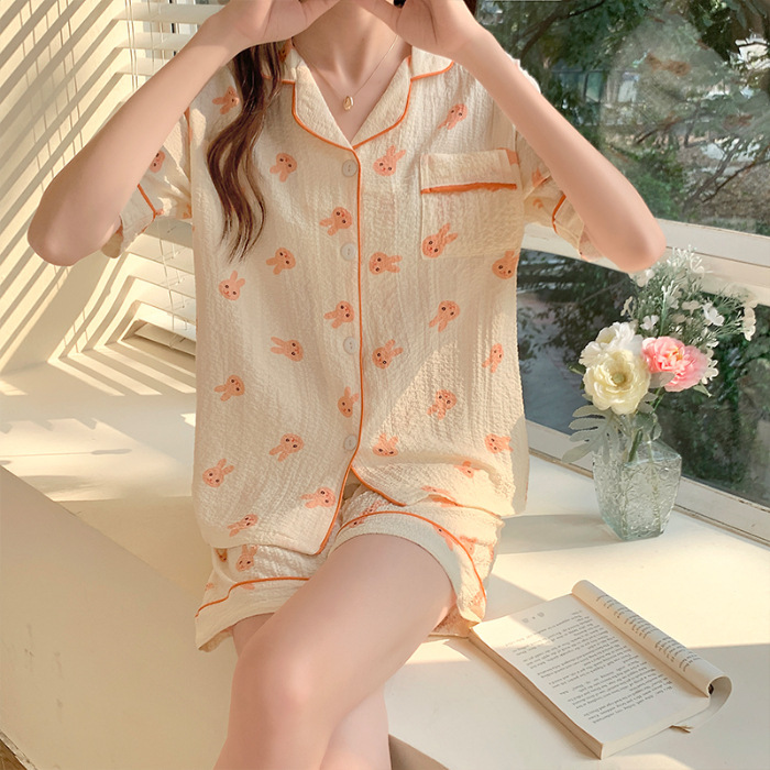 睡衣女夏季梭织泡泡棉皱布ins公主风可爱短袖夏天薄款家居服套装|undefined