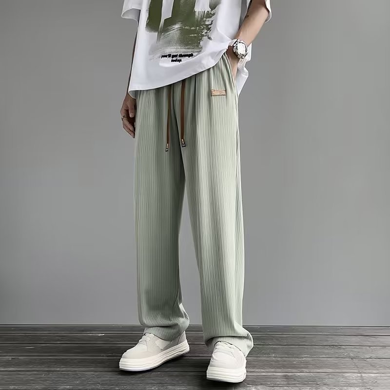 Summer Thin Ice Silk Pants for Men, Hong Kong Style, Trendy Loose Straight-Leg Pants, Student Fashion Label Wide-Leg Pants, Wholesale