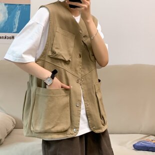 Khaki Japanese Style Work Vest Men's Summer Retro Functional Style Tactical Vest Unisex Trendy Brand Sleeveless Jacket