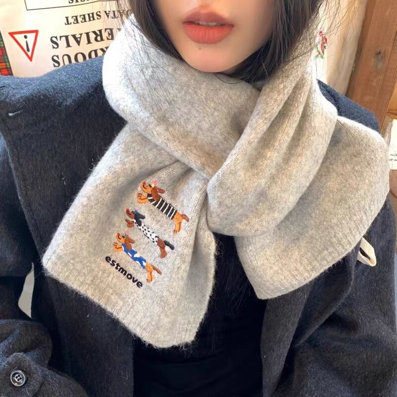 针织毛线帽女小狗刺绣秋冬显脸小保暖防寒韩系氛围感围巾帽子套装|undefined