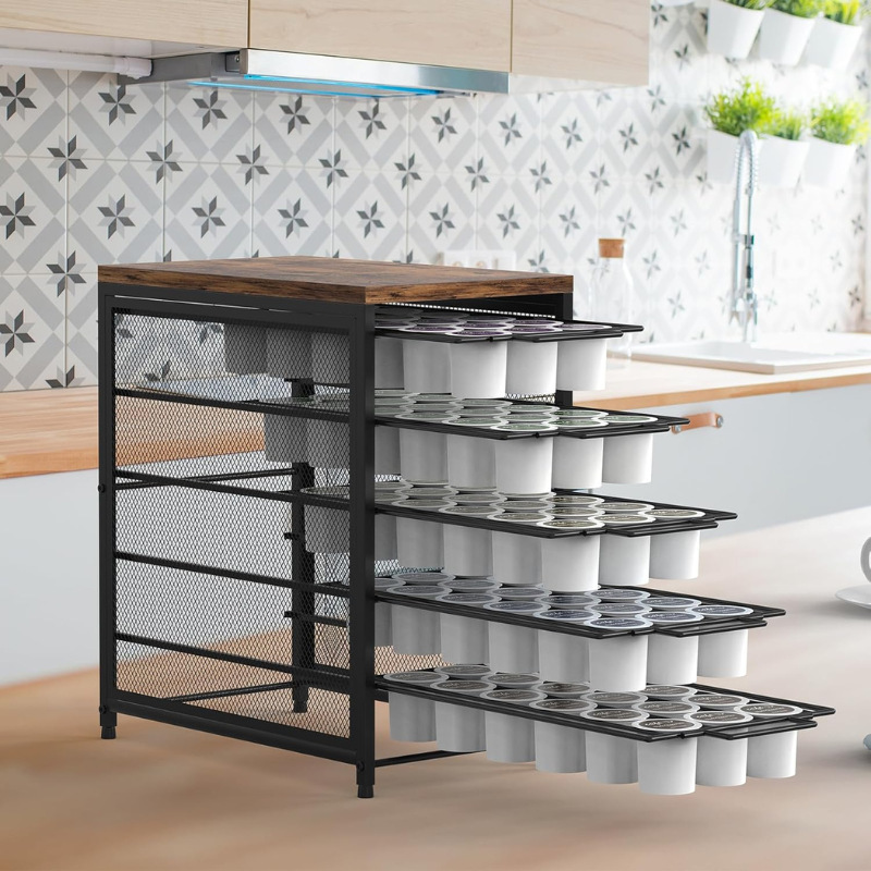 Estación de cápsulas de café de madera almacenamiento de cápsulas K taza estante de almacenamiento con cesta deslizante almacenamiento de oficina