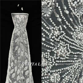 白色珠重工蕾丝网纱珠管亮片绣花面料婚纱礼服高端布料批发 lace