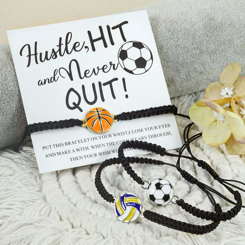 跨境新款手工编织运动手链个性合金配足球篮球手环可调节手饰现货