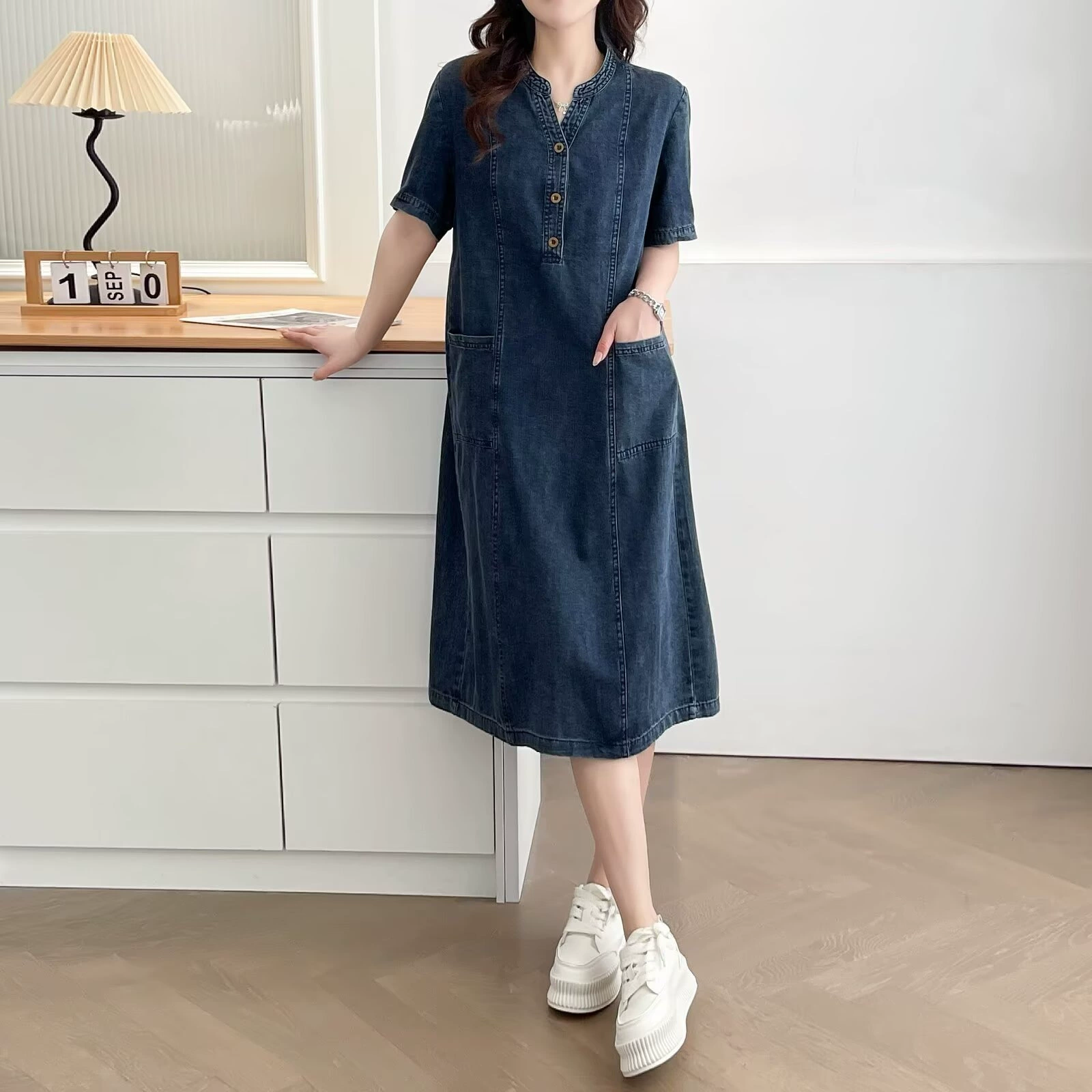 Джинсовое платье больших размеров для полных женщин, повседневная свободная юбка средней длины, закрывающая живот, модная тонкая юбка средней длины 006