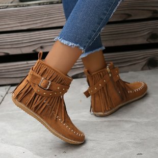 New Autumn/Winter Fringe Short Boots Flat Heel Inside Increase Sanding Women's Boots Student Single Boots Casual Fashion Matchable Women's Shoes