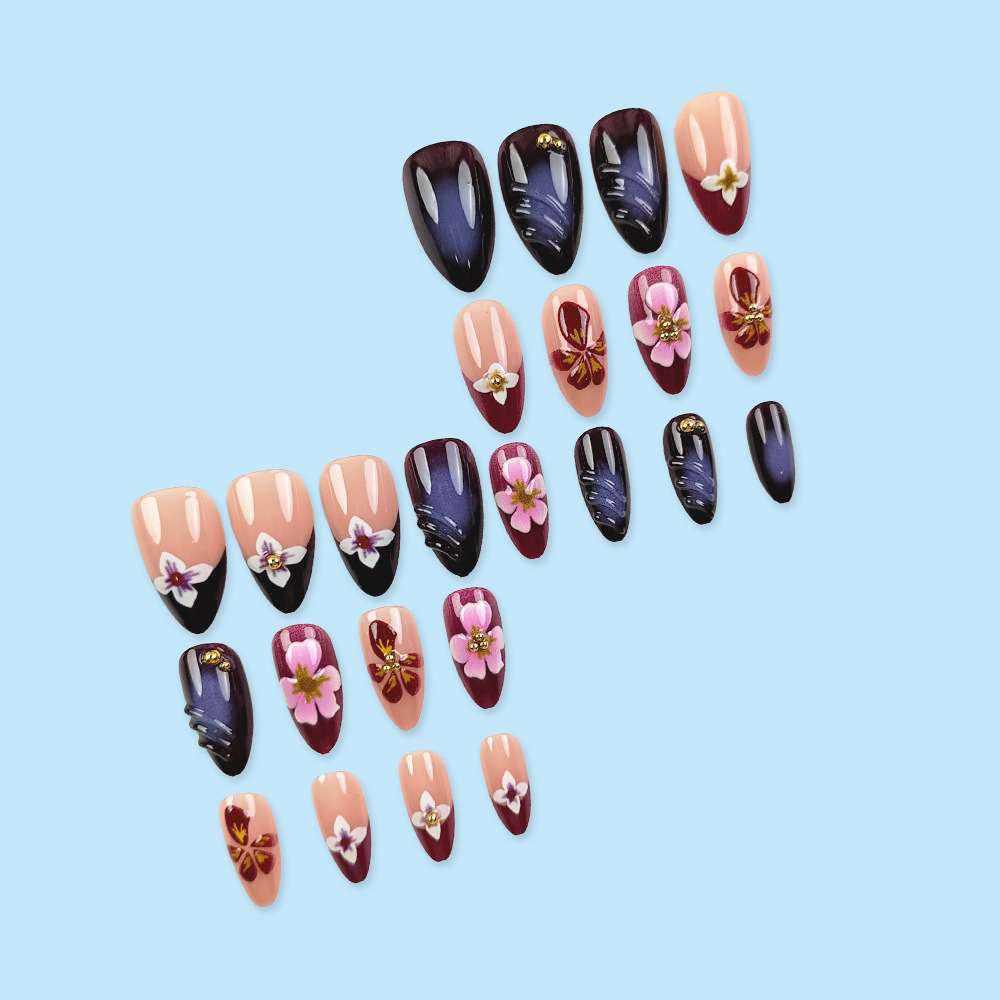 Comercio extranjero venta caliente goteo de goma almendras uñas 3D punto taladro usar uñas 24 piezas púrpura elegante parche de uñas image 4