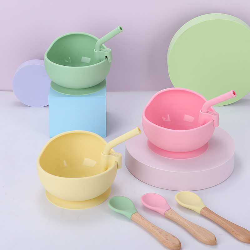 Baby Training Silicone Suction Cup Bowl Spoon Straw Set Independent Eating Training Learning Food Supplement Bowl Kidsren's Tableware
