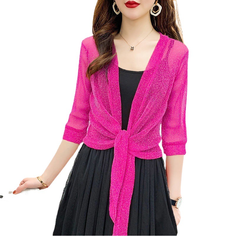Summer Gold and Silver Wire Outer Elastic Mesh Shawl Women's Short Cardigan Large Size Lace Sun Protection Clothing Air-Conditioning Shirt