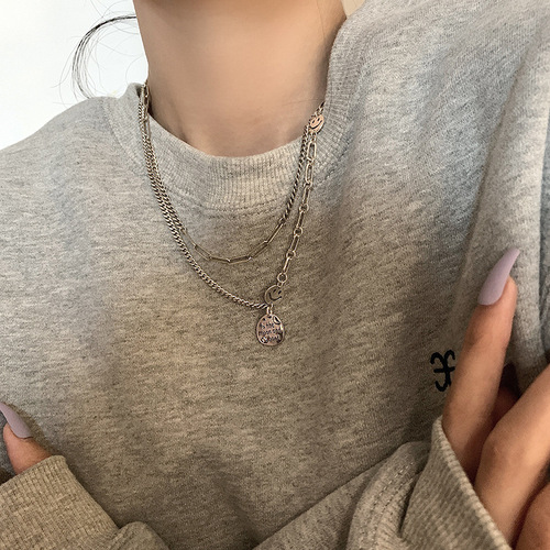 English letter tag retro Thai silver s925 sterling silver smiley face necklace female trendy internet celebrity ins cold style clavicle chain