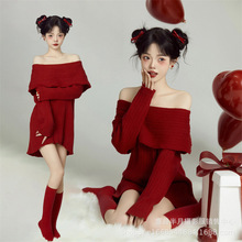 影楼秋冬新款圣诞写真主题服装红色新年毛衣个性女孩艺术照摄影服