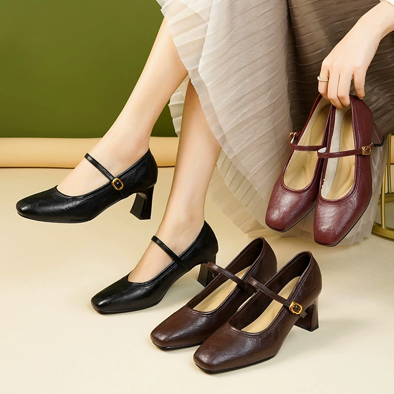 Ретро стиль мягкая кожаная туфли на каблуках женская 2025 новая минималистская обувь Мэри Джейн женская работа на высоких каблуках