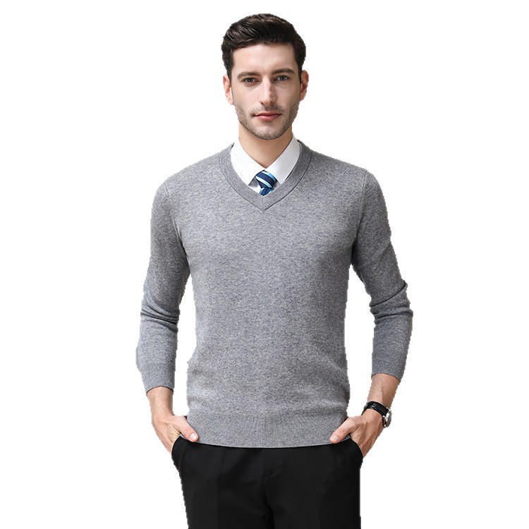 Otoño y invierno suéter de lana pura hombre de negocios casual suéter de hombre color sólido cuello en V engrosado calentamiento fondo suéter de lana de punto