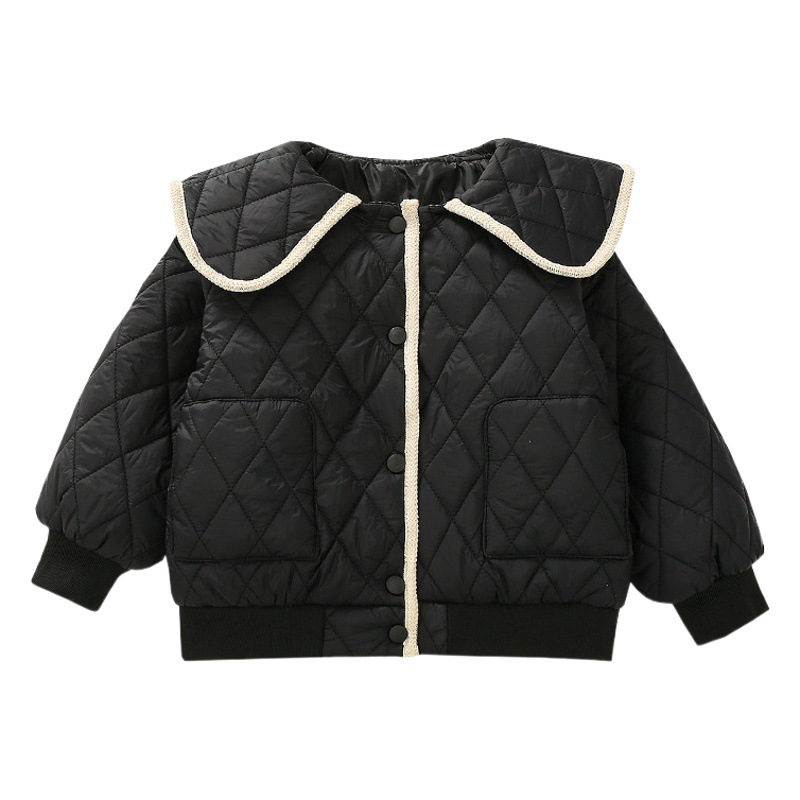 Elegante chaqueta acolchada de algodón para niñas de estilo occidental al por mayor engrosada chaqueta acolchada de algodón de invierno cálido collar de muñeca de estilo azul marino chaqueta acolchada de algodón para bebés