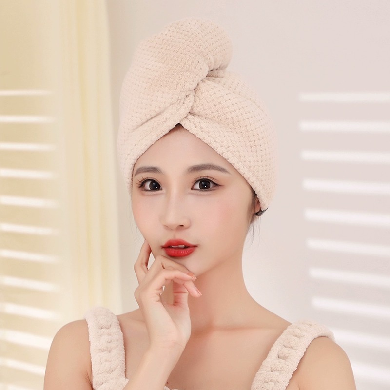 [더블 레이어 파인애플 체크 드라이 헤어캡] - 라이트 브라운 컬러