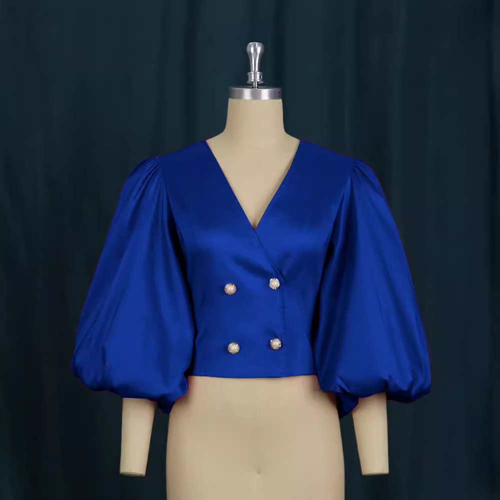 Am211114v collar linterna manga botón cardigan slim fit corto partido mujeres camisa superior Tops