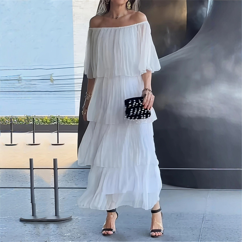 Women's Chiffon Ruffle Layered Dress for Dating, Vacation, Streetwear, Ultra-Long Shoulder-Length Half-Sleeve White Maxi Dress